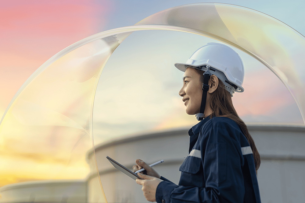 Female engineer holds tablet at storage facility