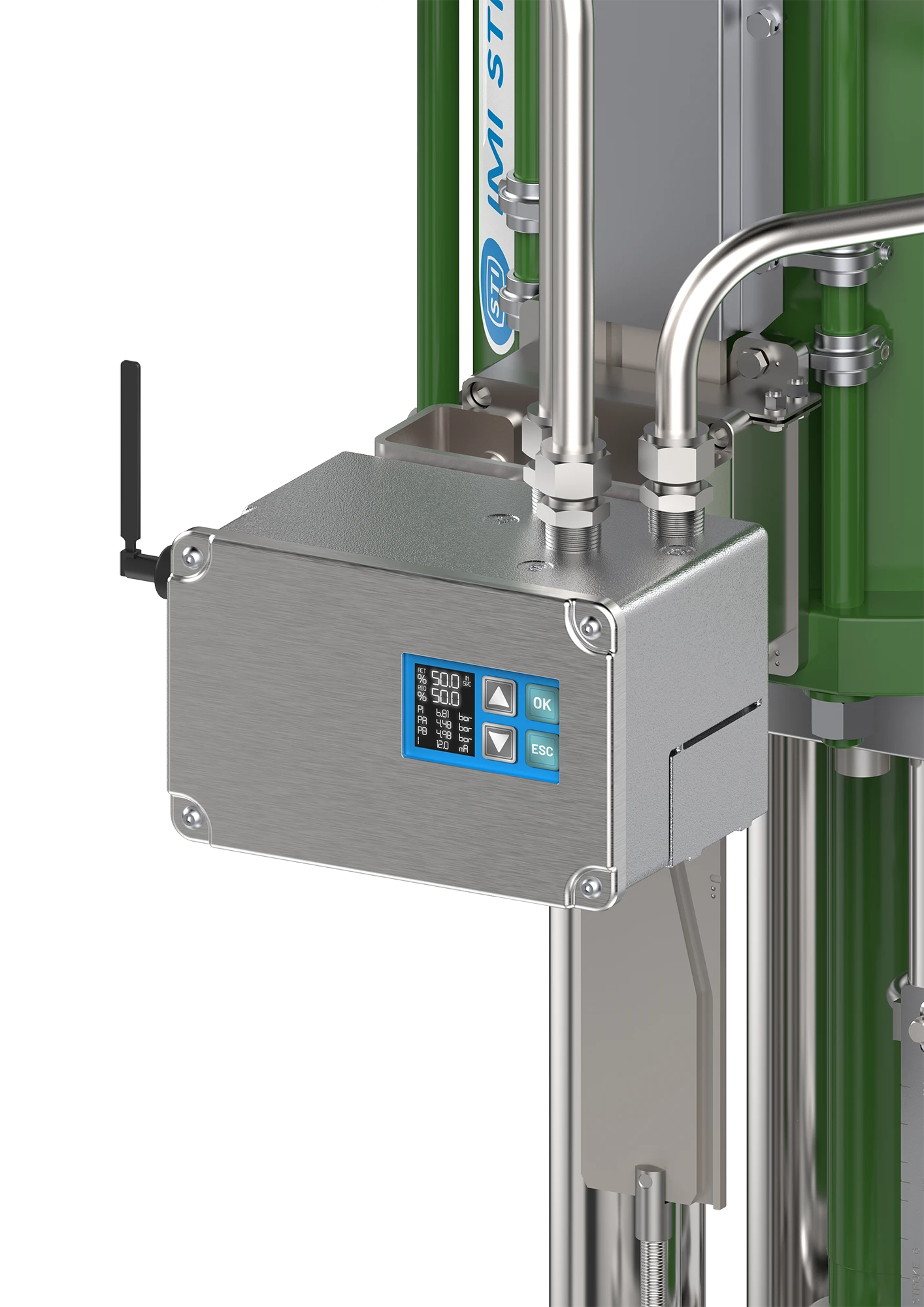 In this image, you can see an IMI STI SHP positioner expertly mounted on an IMI control valve.