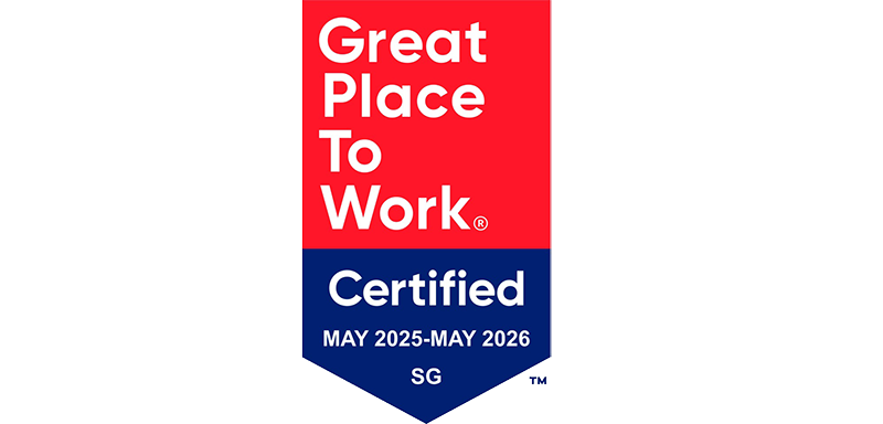 Great Place to Work Certified badge for May 2025 to May 2026 with red and blue sections.