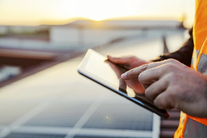 Engineer checks solar panels while viewing electrolyser vitals